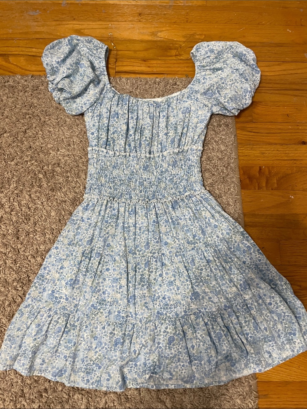 Altar’d State Blue Floral Smocked Womens Dress with Puff Sleeves